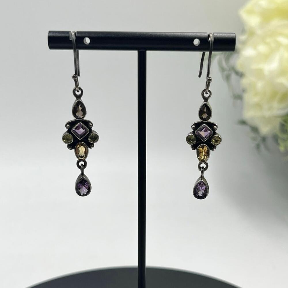SLG‎ India Sterling Silver Multi Gemstone Hook Dangle Amethyst Peridot Earrings